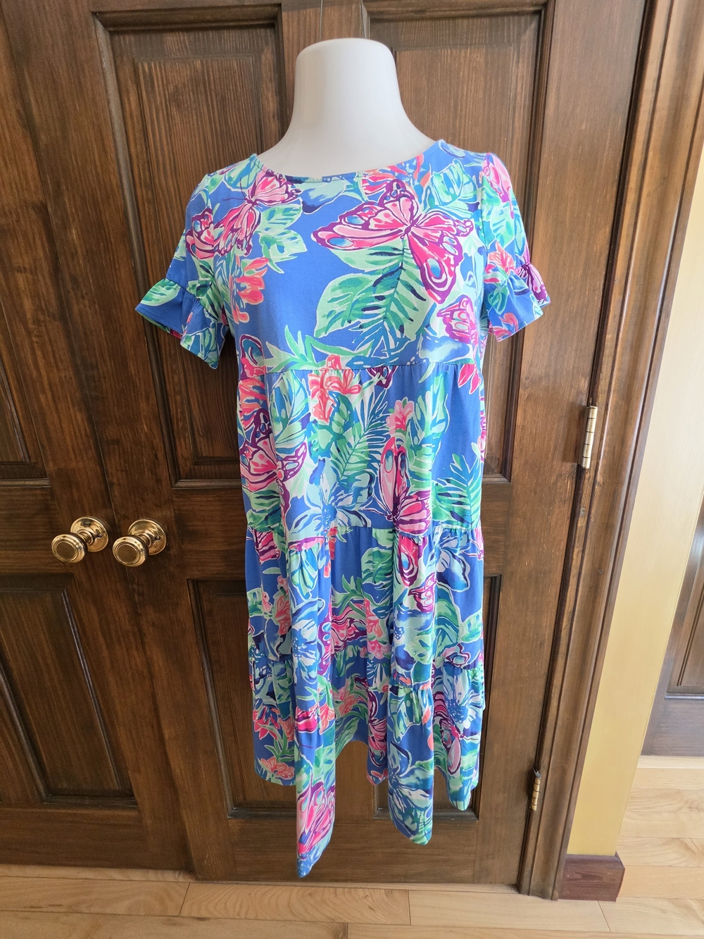 Lilly Pulitzer Sz S Blue Floral Short-Sleeve Tiered Sundress